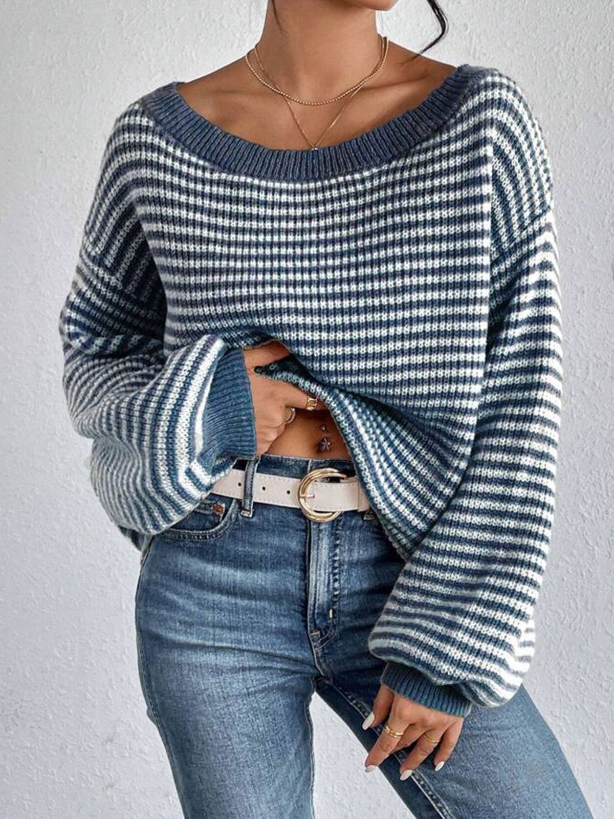 Women's Oversized Batwing Sleeve Striped Knit Sweater - Off-Shoulder Casual Pullover With Color Blocking, Comfortable & Stylish For Fall_voghion.com