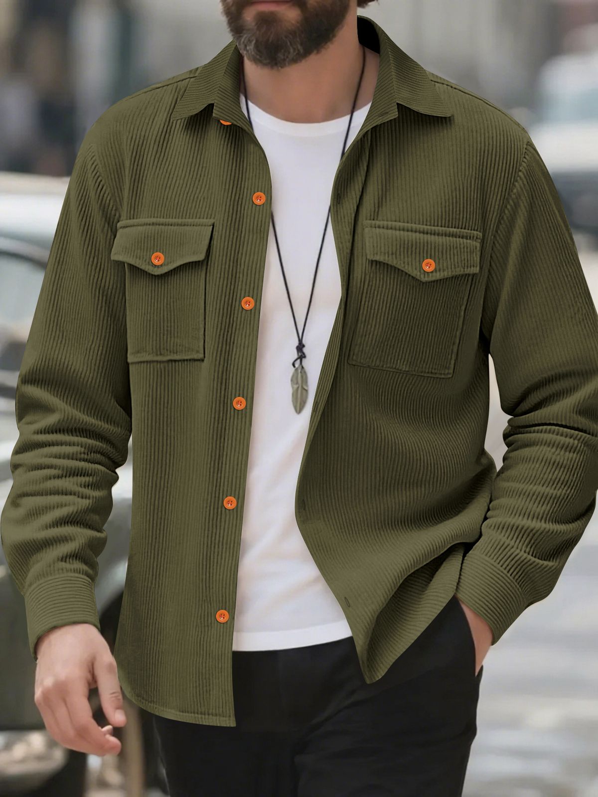 "Herren-Arbeitshemdjacke aus Cord – Polyester-Mischgewebe, lockere Passform, Knopfleiste mit Brusttaschen (Schwarz/Grau/Khaki/Oliv, S-XXXL)"_voghion.com