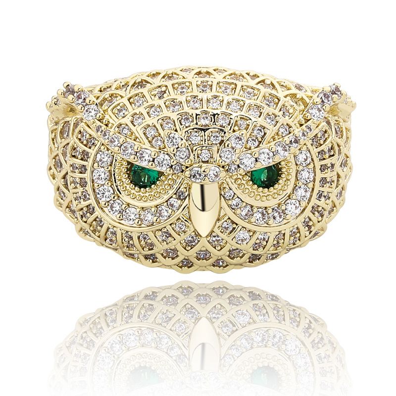 Herrenschmuck, vergoldeter Ring mit Eulen-Edelstein für Hip-Hop-Trendsetter – Größen 7–11_voghion.com