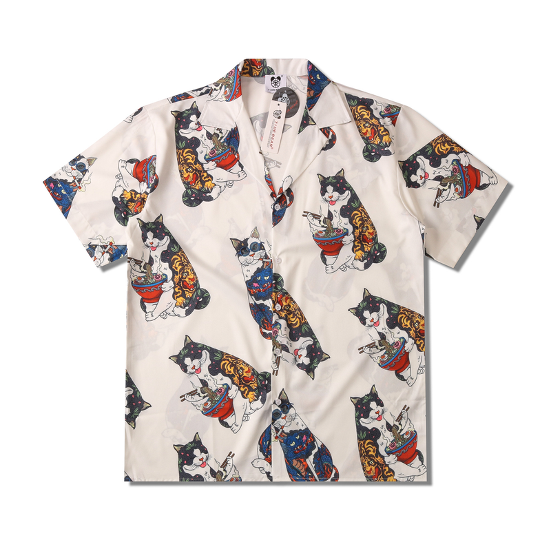 Camicia da uomo con risvolto ampio a maniche corte con stampa digitale Lucky Cat_voghion.com