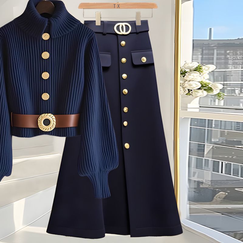 Plus Size Winter-Strickpullover & Midirock-Set für Damen, elegantes A-Linien-Outfit mit Glockenärmeln, zweiteiliges Ensemble aus luxuriösem Chenelle-Stoff_voghion.com