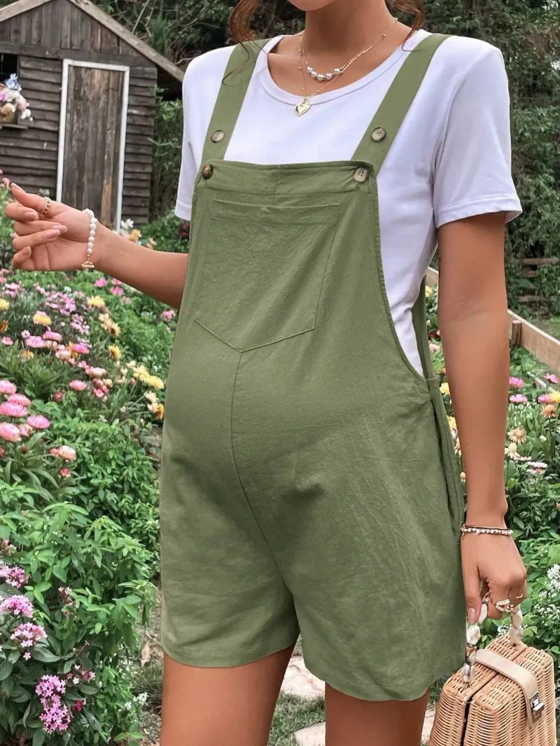 Solid Color Comfortable Casual Strap Europe and America New Hot Selling Pregnant Women Adjust The Waist Jumpsuit Shorts_voghion.com