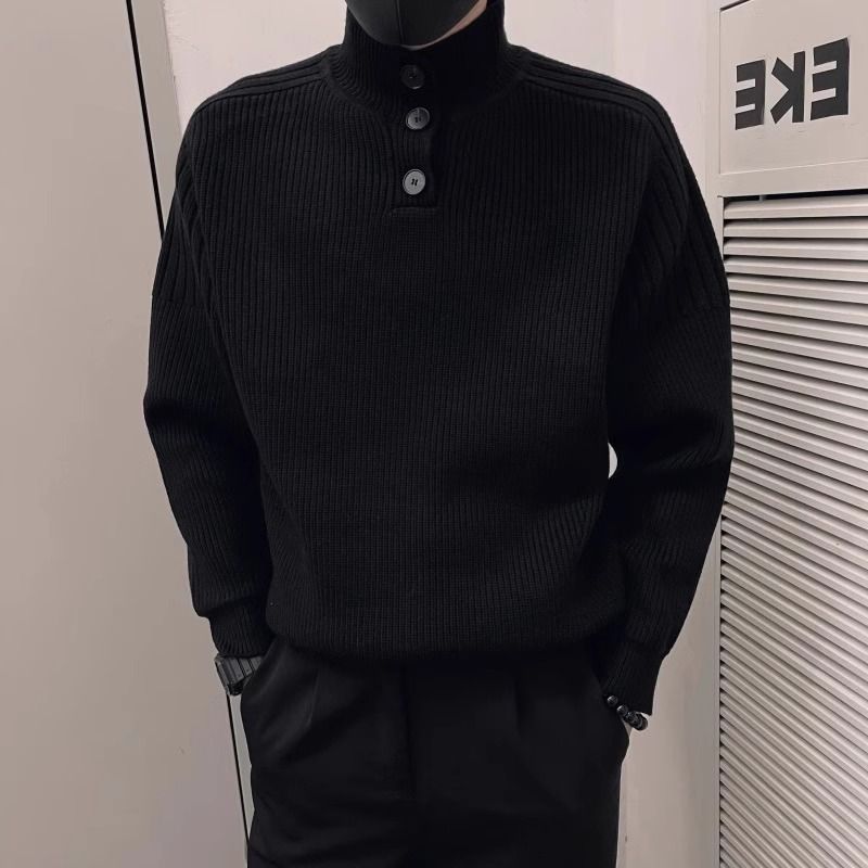 Men's Black Button-Up Turtleneck Sweater – Oversized Knit Pullover With High Neck (50% Wool Blend, Relaxed Fit, Thick Winter Thermal, M-3XL)_voghion.com