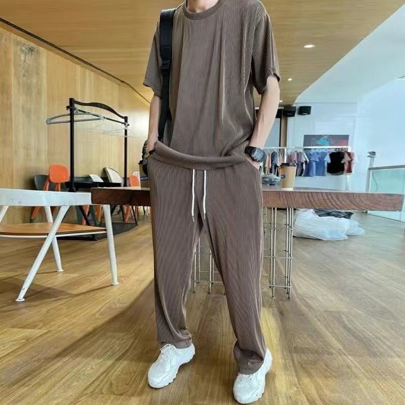 Ice silk sports suit men's thin short T-shirt quick drying casual long pants summer half sleeved clothes set_voghion.com