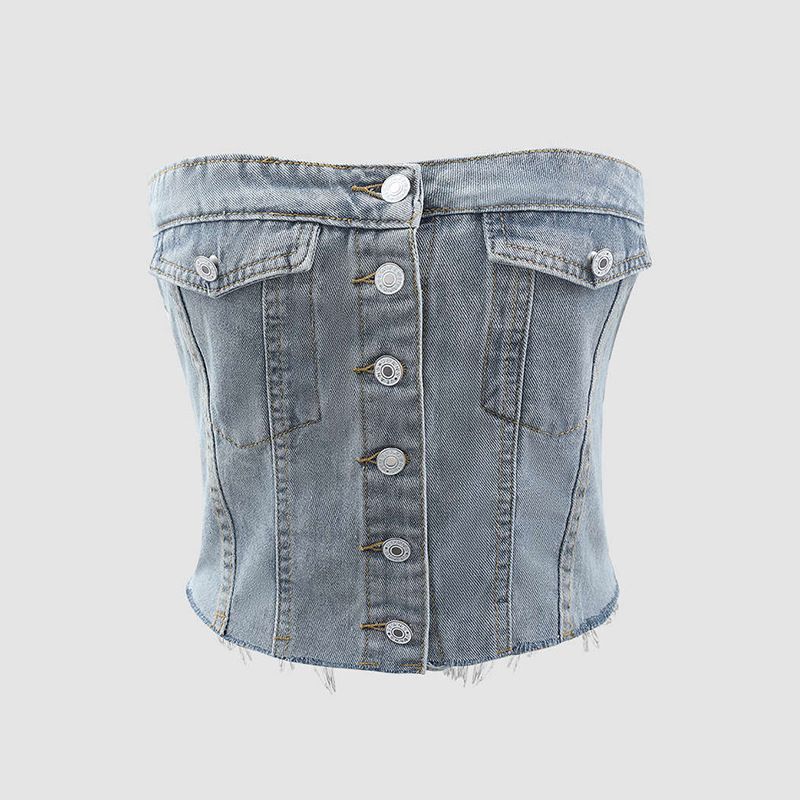 Women's fashion street trend denim elastic chest button top_voghion.com