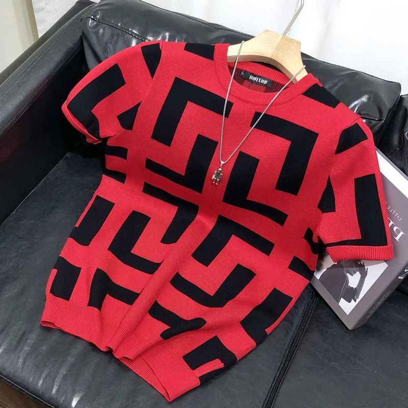 T-shirt à manches courtes pour homme, coupe ajustée, décontracté, tendance, motif géométrique, printemps et automne_voghion.com