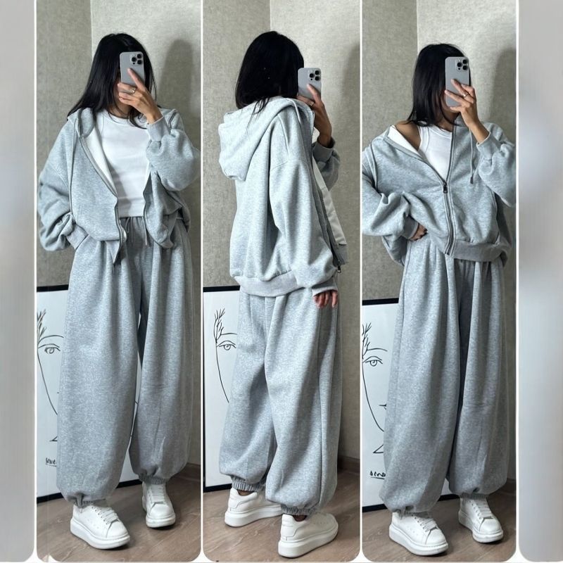 Completo unisex casual con felpa con cappuccio e pantaloni da jogging - Tuta coreana ampia con pantaloni con risvolto, misto cotone per la corsa e l'uso quotidiano_voghion.com