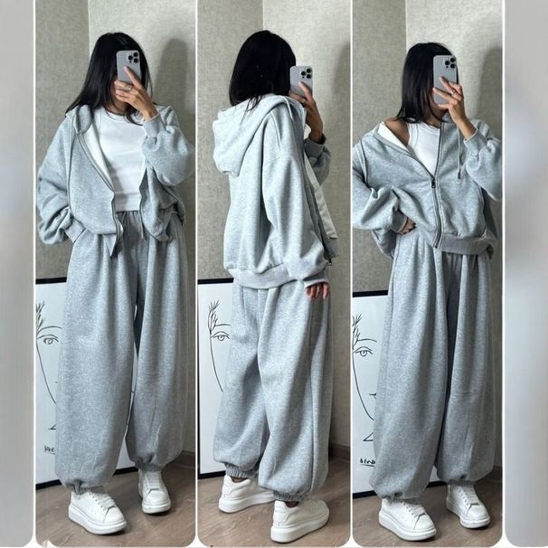 Completo unisex casual con felpa con cappuccio e pantaloni da jogging - Tuta coreana ampia con pantaloni con risvolto, misto cotone per la corsa e l'uso quotidiano_voghion.com