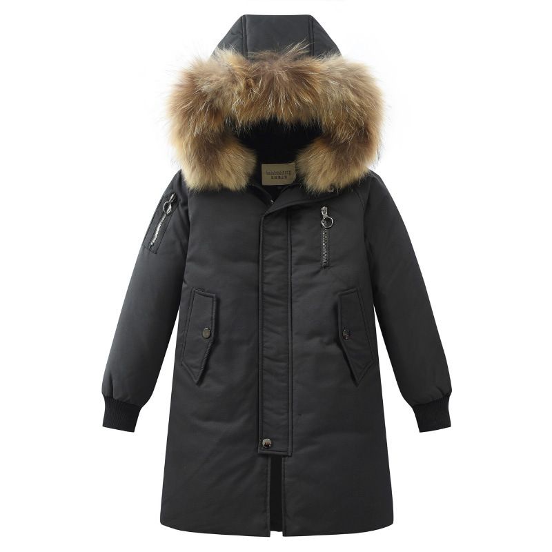 Ropa para niños Ropa para niños Chaqueta de plumas para niños Chaqueta de plumas de longitud media Cuello de piel Estilo coreano Ropa de invierno para niños pequeños y grandes_voghion.com