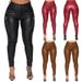 Women's fashion tight casual belt pocket small leg pants women's zipper mid-waist leather pants_voghion.com