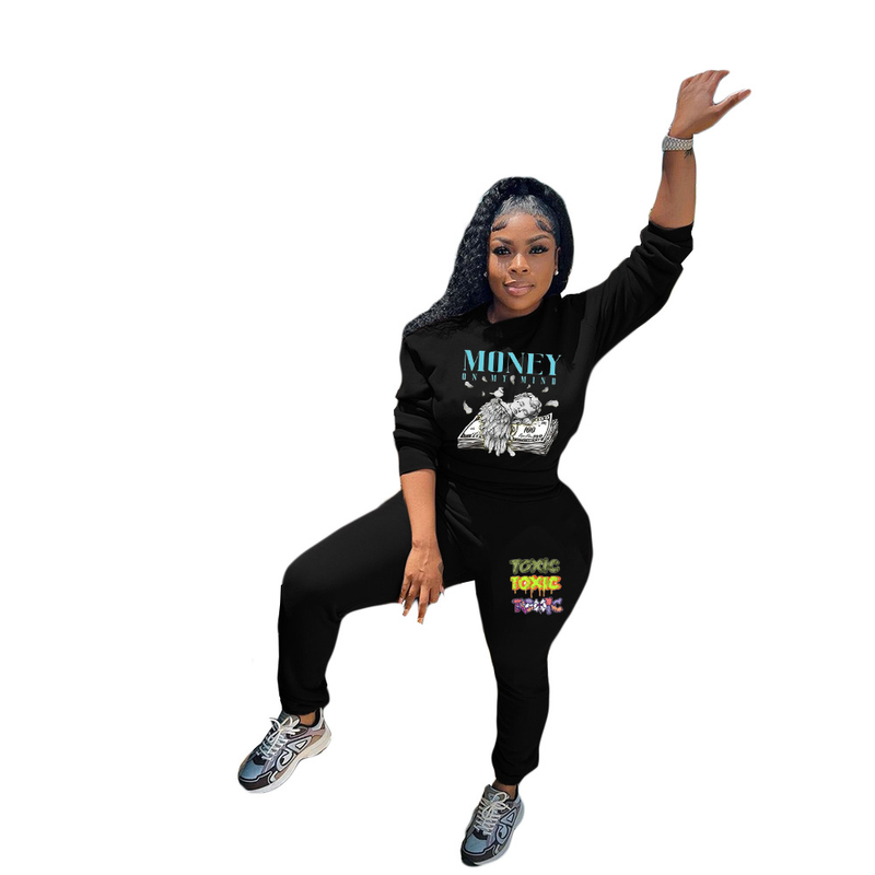 Women's Printed Crew-neck fashion Hoodie Two-piece Set_voghion.com