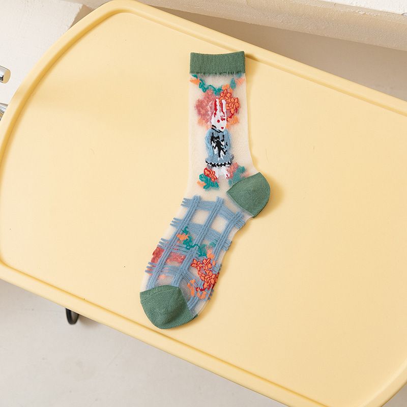Women's socks spring and summer thin Japanese cartoon glass silk mid-calf socks fashionable ins transparent crystal socks Lolita socks_voghion.com