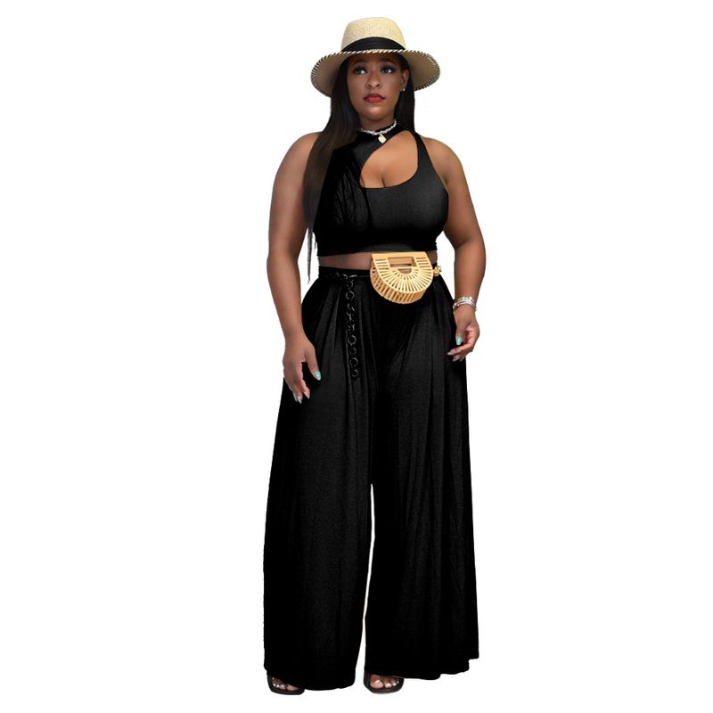 Plus Size Damen Sexy Weste mit weitem Bein, zweiteiliges Set, einfarbig, Freizeitanzug_voghion.com