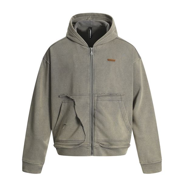 Wasteland Punk Distressed Vintage Cardigan Hooded Sweatshirt Trendy Brand Washed Tie-Dye Loose Short Jacket Spring_voghion.com