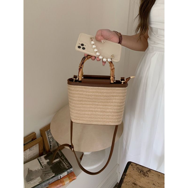 Borsa a secchiello in paglia testurizzata, piccola, da donna, da tenere a mano, nuova borsa a tracolla Niche, estate 2025_voghion.com