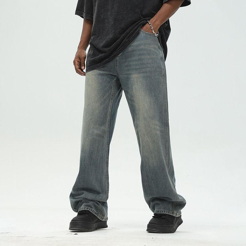 Men's Clothing Retro Mud Dyed Washed Blue Vintage Slightly Loose Straight Leg Flared Jeans Trousers_voghion.com
