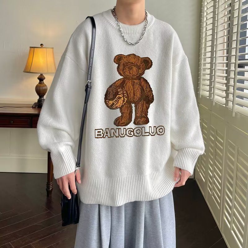 Retro personality trendy brand teddy bear sweater men's autumn and winter loose couple's knitted sweater_voghion.com