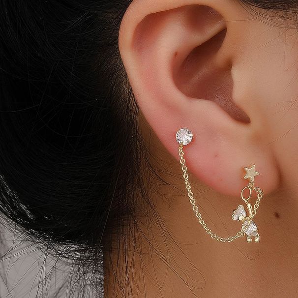 Doppio piercing all'orecchio, orecchini a forma di orso, orecchini giapponesi in oro, orecchini coreani a forma di stella, orecchini a catena con osso e piccoli lobi fissi_voghion.com