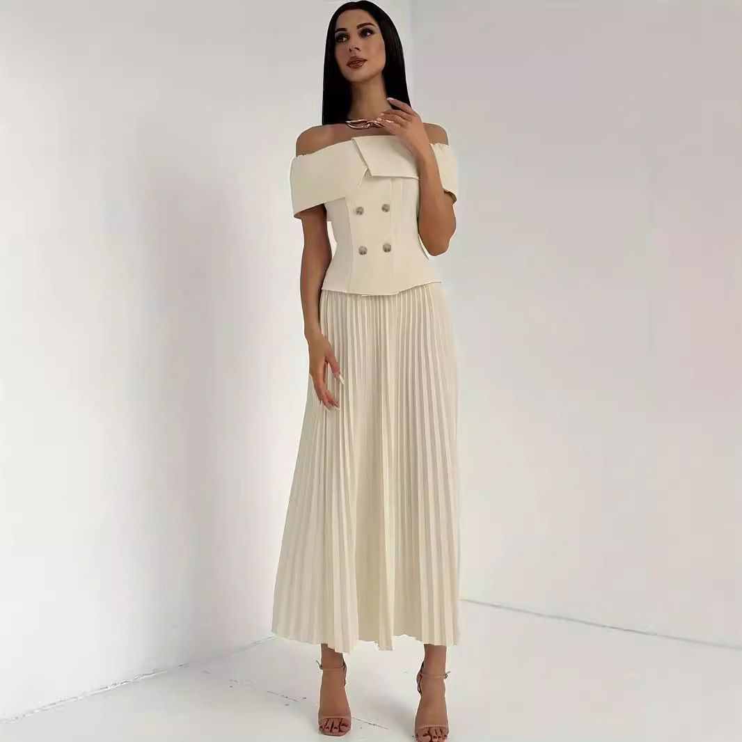 Women's Clothing Two Piece Elegant Front Button Off Shoulder Top Pleated Long Skirt Suit_voghion.com