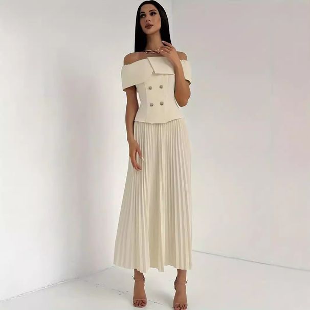 Women's Clothing Two Piece Elegant Front Button Off Shoulder Top Pleated Long Skirt Suit_voghion.com