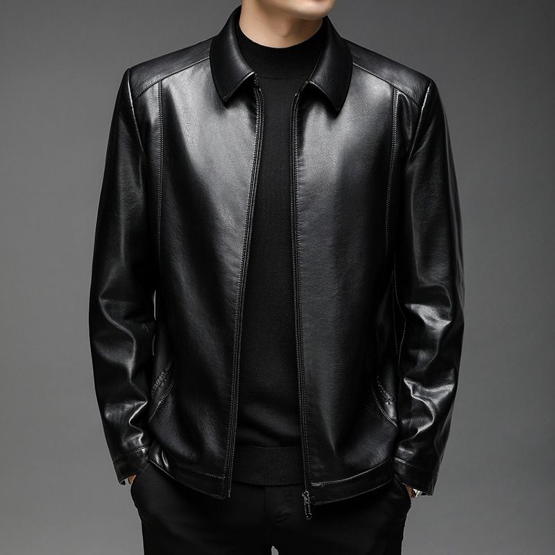 Men's Haining Genuine Leather Spring Thin Style, Lapel, Sheepskin, Business Middle-Aged Dad Jacket, New Style_voghion.com