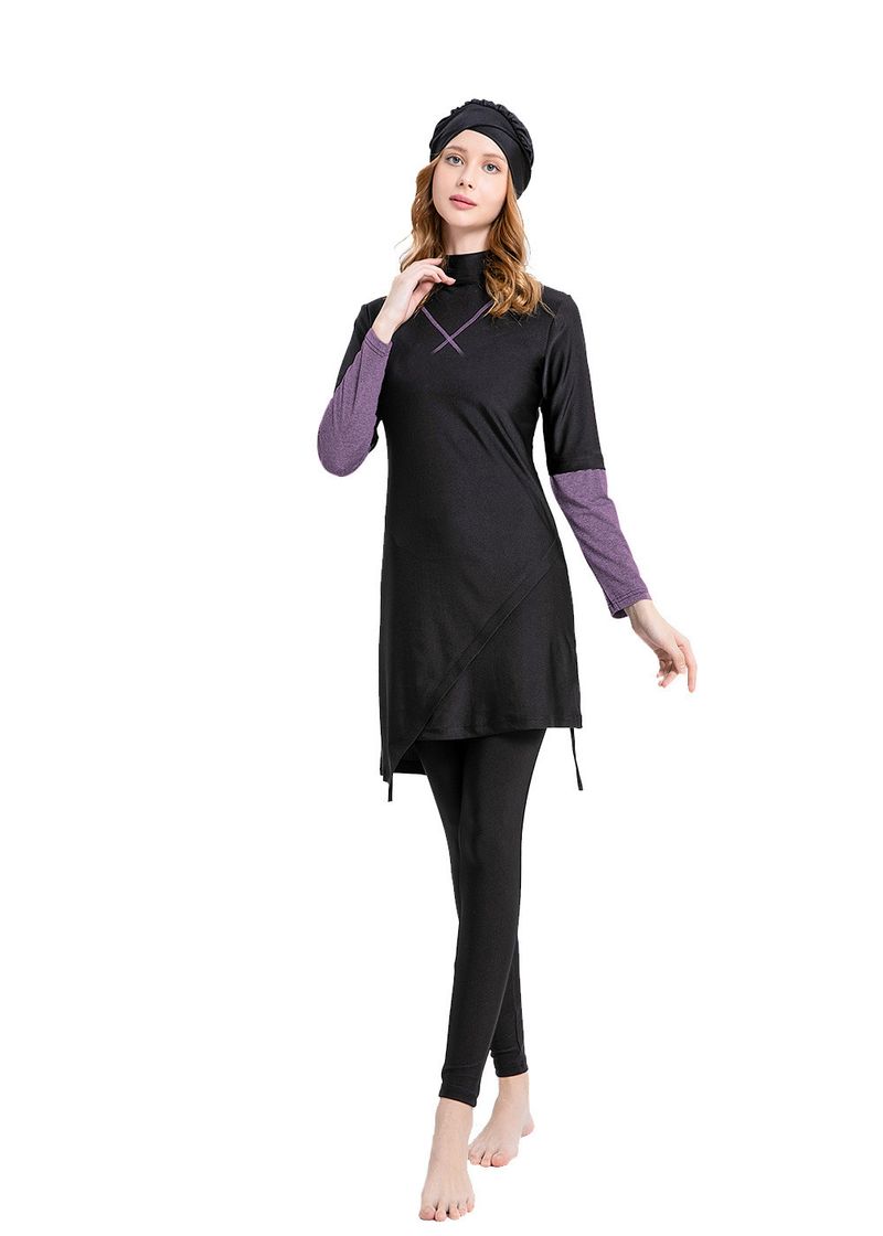 Moslim badpak driedelig set effen kleur zonnebrandcrème kleur bijpassende conservatieve badpak L077_voghion.com