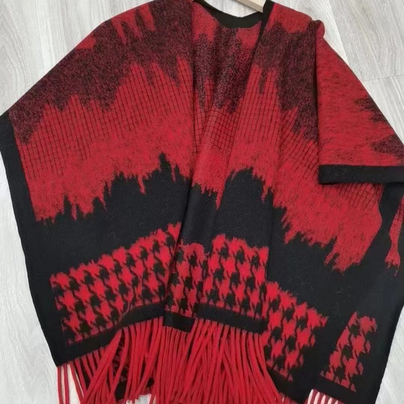 Châle à franges effet délavé, motif pied-de-poule, cape chaude et polyvalente pour femme, automne-hiver, style rétro inspirée des influenceuses et parfaite pour les voyages._voghion.com