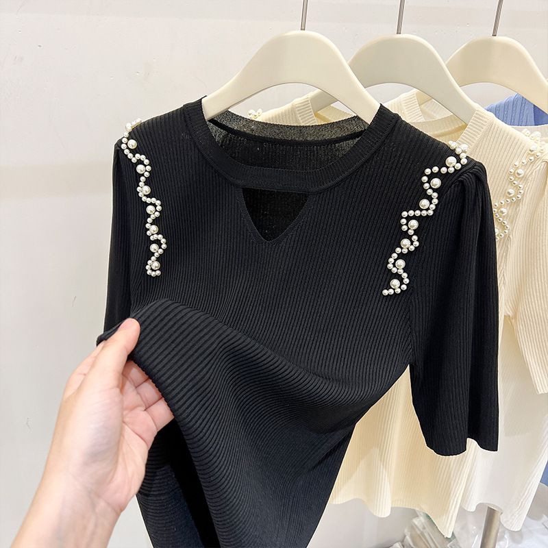 Damenbekleidung Hohlstrickpullover Damen Kurzarm Sommer Neues französisches süß-würziges Design Eisseide Slim Tops Damentrend_voghion.com