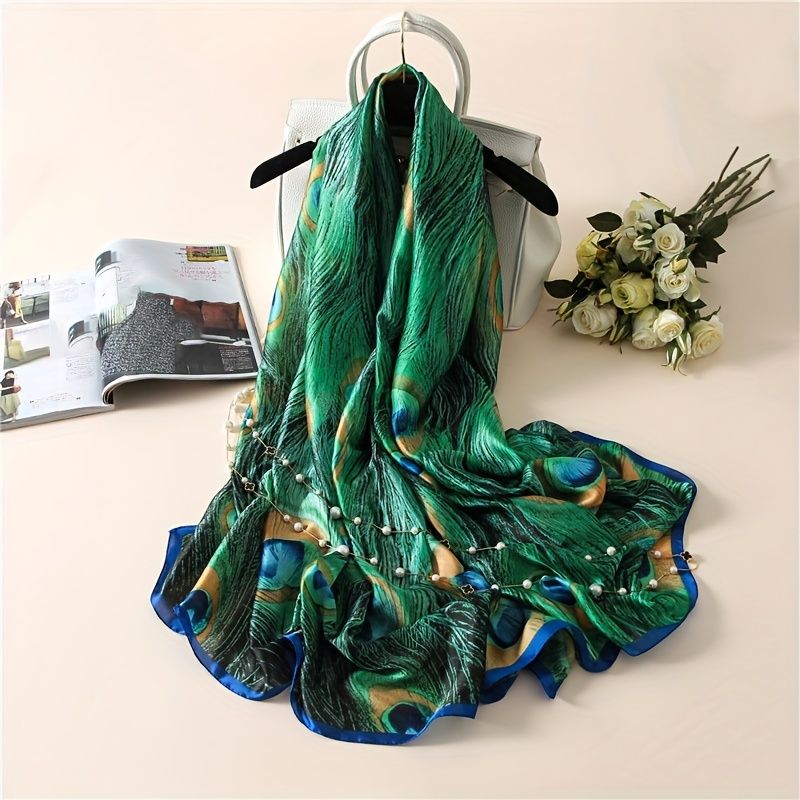 Sciarpa vintage boho con stampa di piume di pavone verde da donna, casual, antivento, da viaggio, da spiaggia_voghion.com