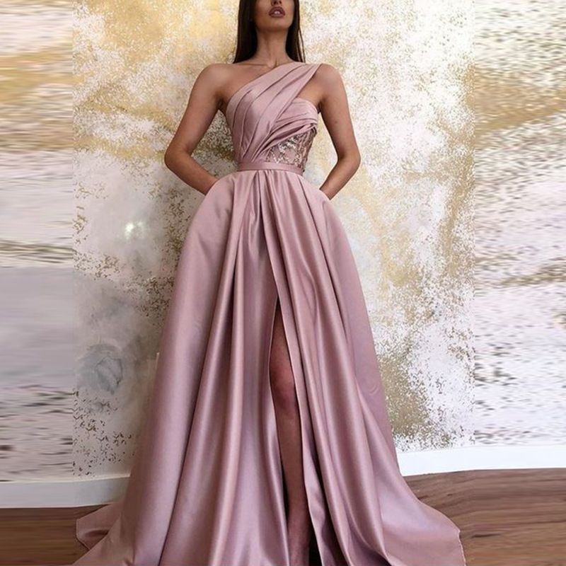 Damenbekleidung Sommer neues sexy Schlitzschulterkleid langes Kleid Abendkleid_voghion.com
