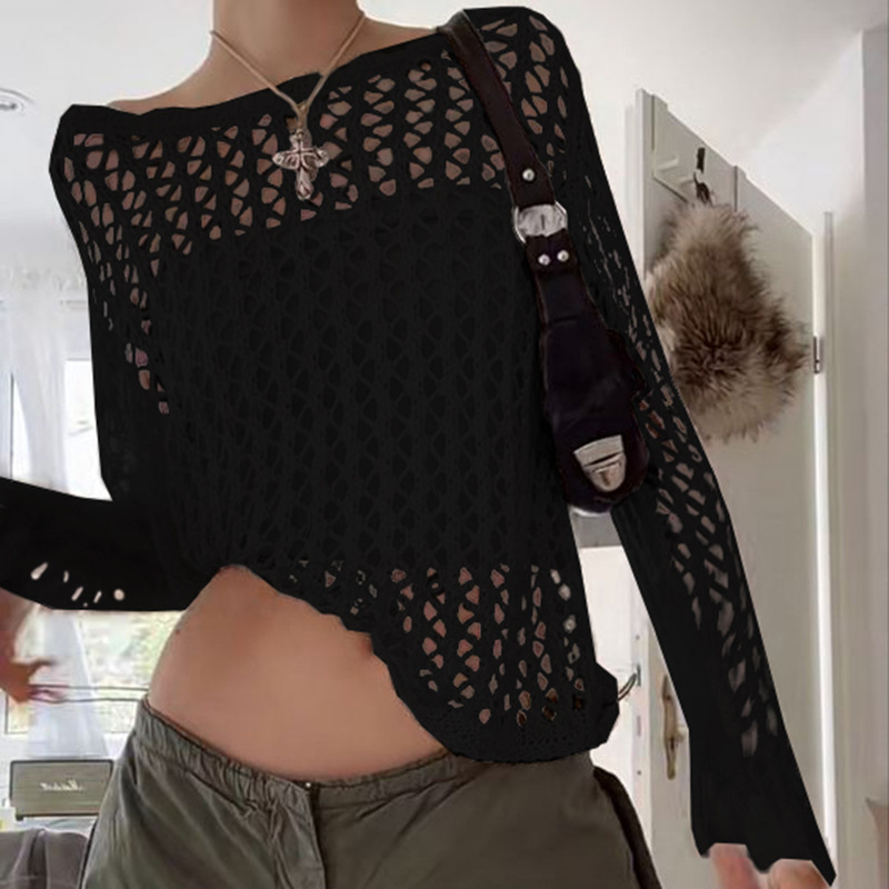Damenmode einfarbiges, lockeres, perspektivisches Gitter-Langarm-Top_voghion.com