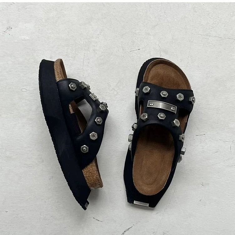 Rivetti funzionali a nicchia piccola, suole spesse estive a una linea, mezze pantofole, scarpe in pelle irregolari, sandali,_voghion.com