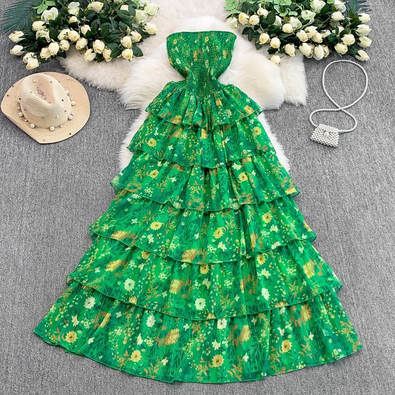 Vestido elegante estampado de um ombro só para mulheres no verão, saia longa com babados em camadas e comprimento na cintura alta_voghion.com