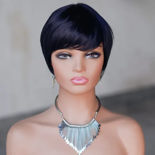 Pixie Cut Echthaarperücken mit Pony für schwarze Frauen, kurzer Bob, glattes Haar_voghion.com
