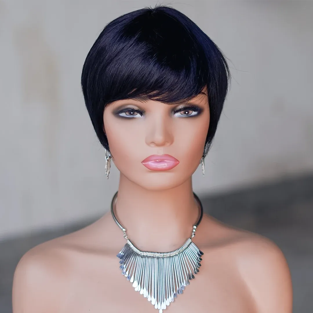 Inimese juustest parukad naistele tukkidega, 180% tihedusega, lühikesed Pixie-lõikusega, masinal valmistatud parukad_voghion.com