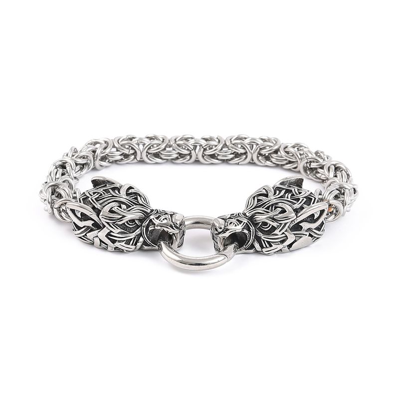 Bracciale Hip Hop da uomo in acciaio inossidabile con testa di lupo vichingo e titanio dorato_voghion.com