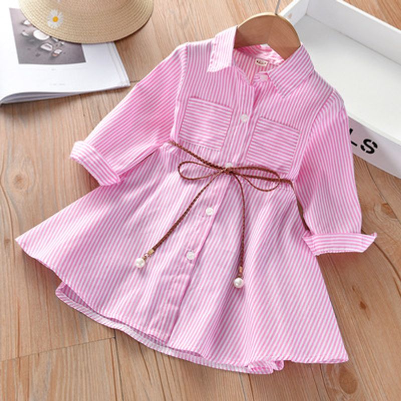 Girls Dresses Spring and Autumn 2023 New Summer Clothes Children's Shirt Skirts Baby Style Skirts Korean Style Striped Trendy_voghion.com