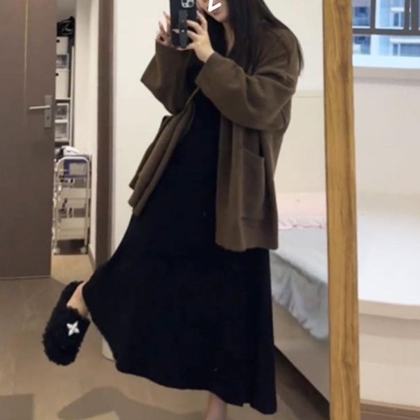 Großes, 200 Pfund schweres Herbst-Winter-Kleid, langer Rock, dickes, würziges Mädchen-Set, schlankmachend und kaschierend, Taillenformung_voghion.com