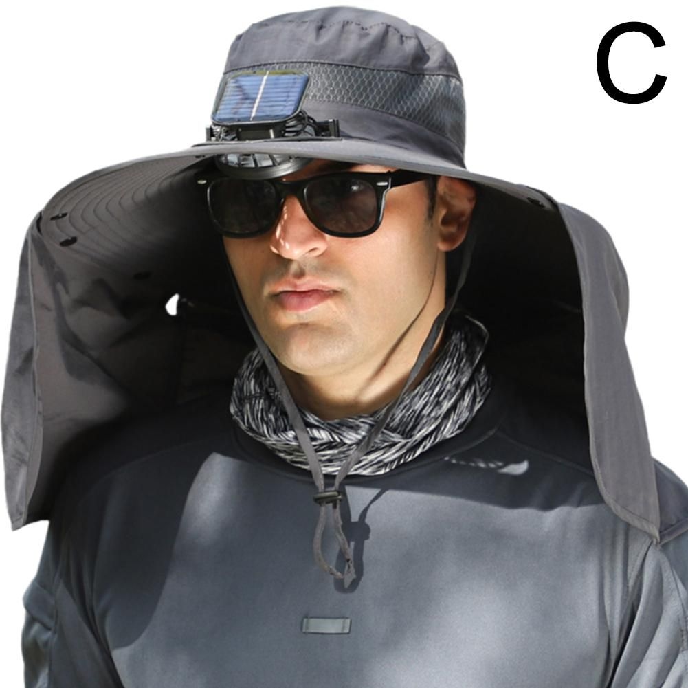 Muodikas erittäin leveälierinen UPF50+ vedenpitävä hattu aurinkoenergialla toimivalla tuulettimella kalastukseen, vaellukseen, leirintäalueelle, pään ja kaulan aurinkosuoja_voghion.com