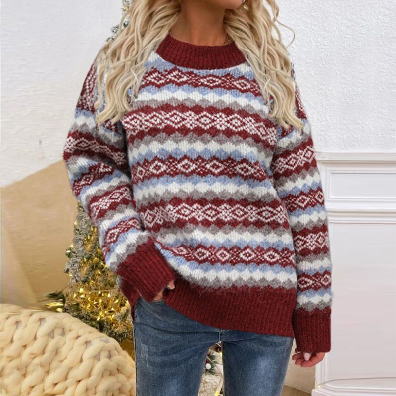 Women's clothing autumn and winter Christmas round neck knitted pullover sweater jacket_voghion.com