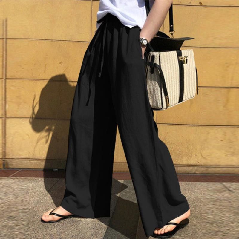 Women's wide-leg pants fashionable high-waist women's linen pants solid color casual loose trousers wholesale_voghion.com