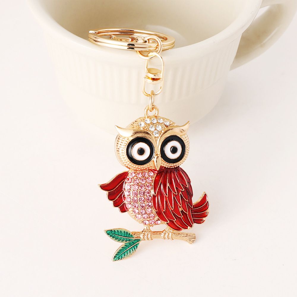 Portachiavi con ciondolo in metallo, piccolo regalo, accessorio per borsa da donna, a forma di gufo con goccia di olio e diamante._voghion.com