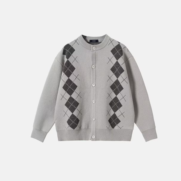 Men's Vintage Diamond Pattern Knit Cardigan Sweater - Unisex Autumn Winter Plaid Jacquard Pullover Coat With Contrast Color Design_voghion.com