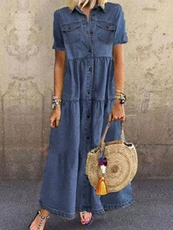 Women's denim style long multi-button distressed dress_voghion.com