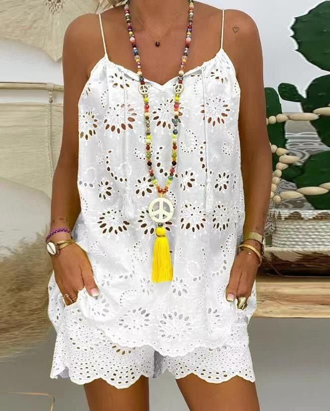 Women's temperament elegant sleeveless drawstring ruffled hollow camisole shorts suit_voghion.com