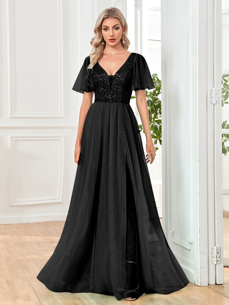 Abito da sera sexy con gonna lunga a maniche corte in rete con paillettes con scollo a V da donna_voghion.com