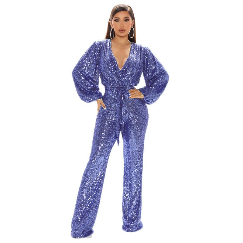 Women's Clothing Sexy v Neck Sequin One Piece Wide Leg Jumpsuit_voghion.com