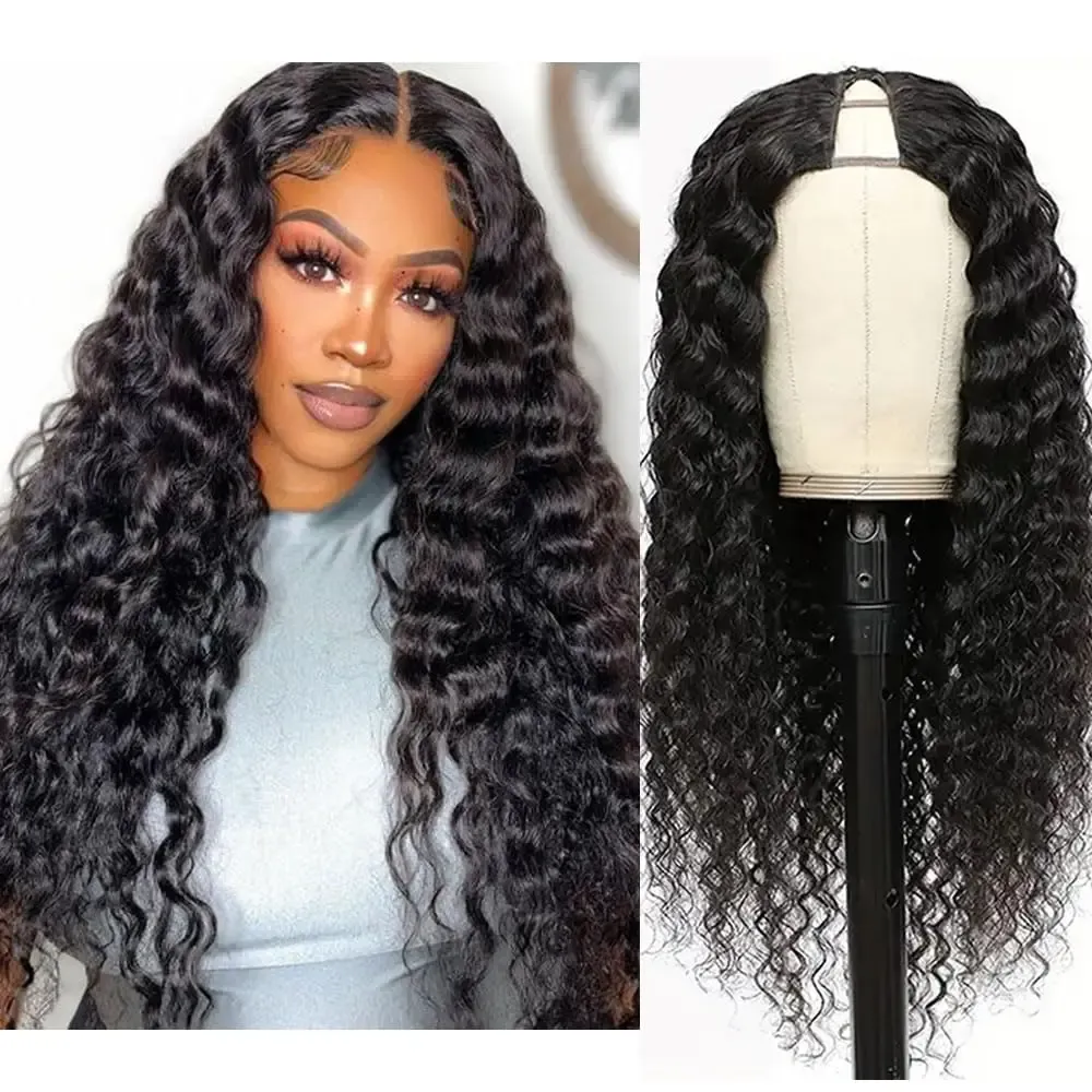 24 Inch Water Wave V Part Wig Peruvian Full Machine Wigs For Black Women 100% Human Hair Natural Black Color_voghion.com