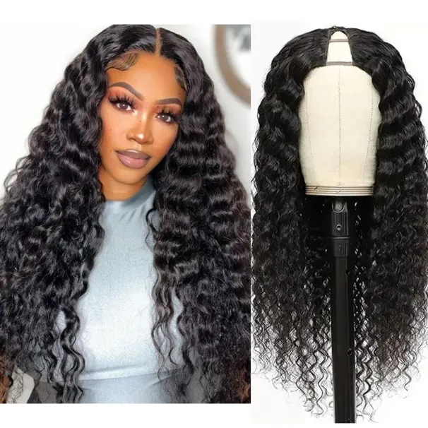 24 Inch Water Wave V Part Wig Peruvian Full Machine Wigs For Black Women 100% Human Hair Natural Black Color_voghion.com