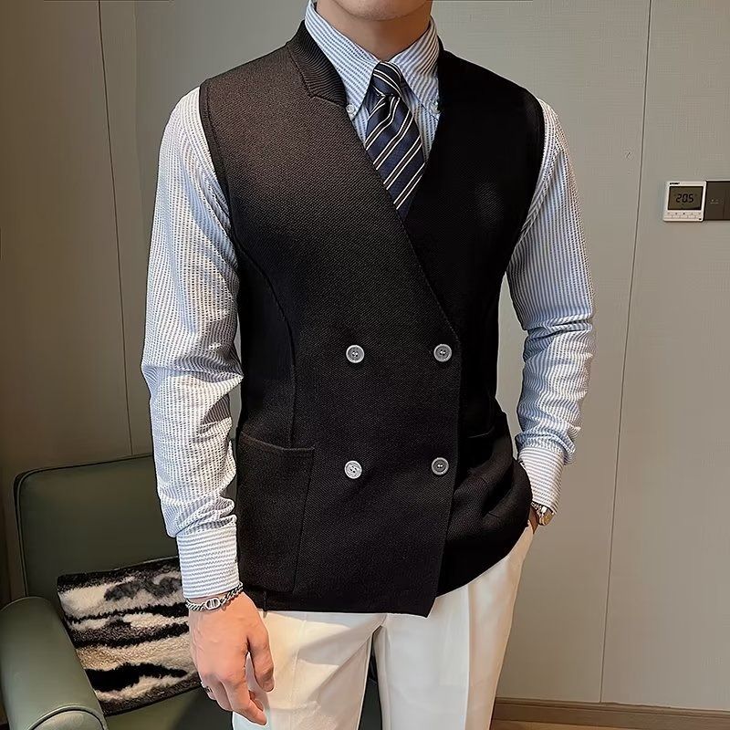 ​​Herren-Slim-Fit-Wollweste – Zweireihig & V-Ausschnitt (ärmellose Strickweste mit Streifenmuster zum Überziehen)​​_voghion.com